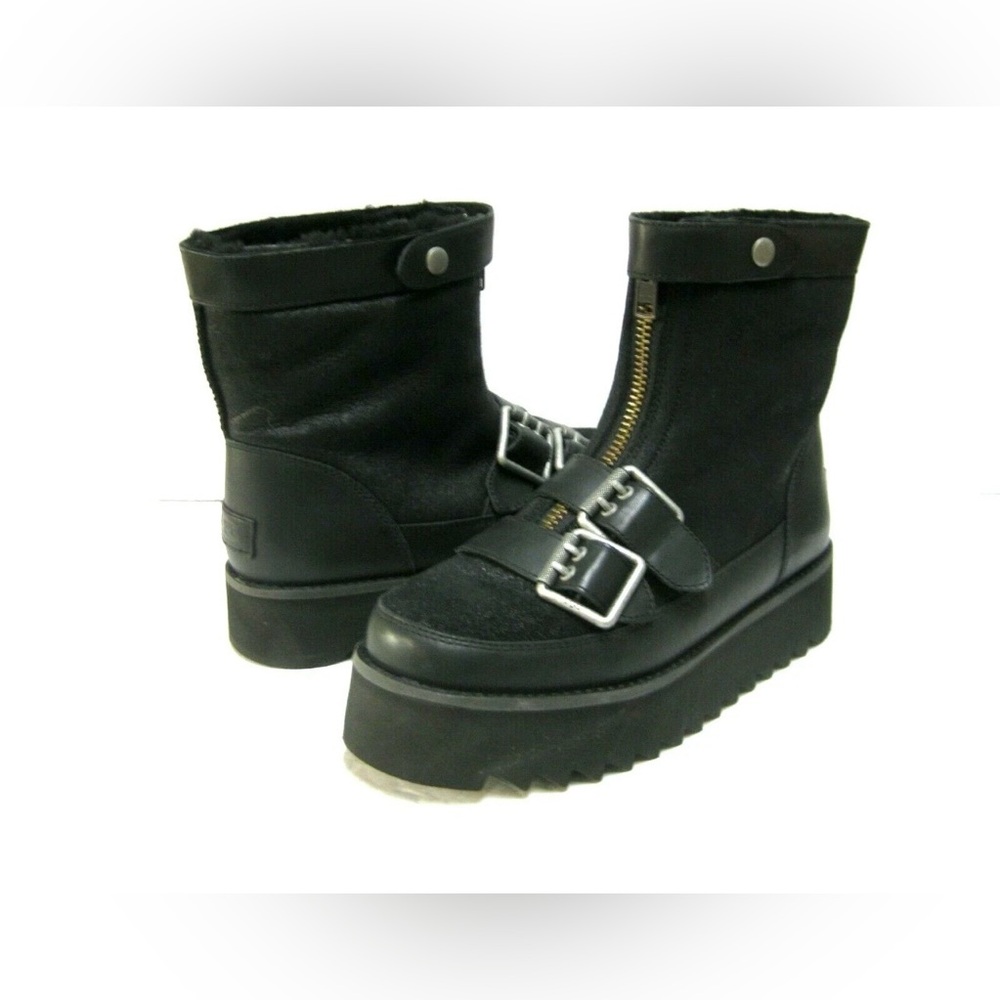UGG CLASSIC MOTO PUNK MINI BLACK BOMBER SUEDE PLATFORM ANKLE BOOTS WOMEN SIZE 9 - Picture 3 of 9